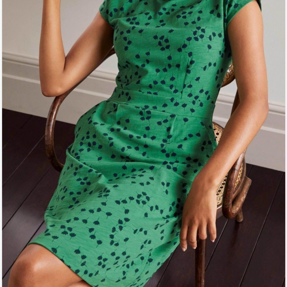 Boden Green Florrie Jersey Dress Floral Flutter Boat Neck Women's Size 10 Tall